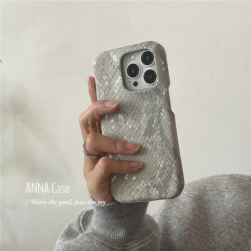 ANNACASE高级轻雾灰色烫金蛇纹适用苹果16promax手机壳iphone14皮质17pro新款15半包硬壳13promax防摔保护套 - 图3