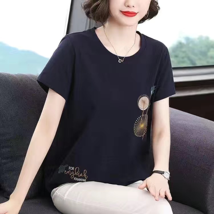 韩版纯棉短袖t恤女夏季2022年新款大码宽松显瘦妈妈装刺绣上衣服