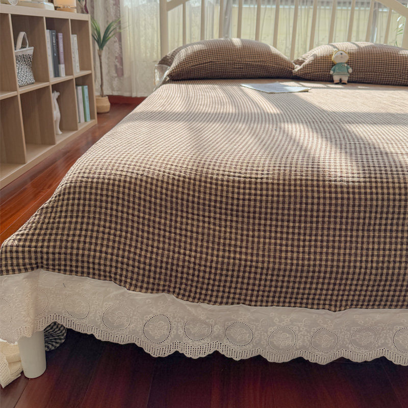 韩国ins简约风床盖全棉花边四层纱布加厚色织提花双人床单三件套,淘宝优惠券,粉丝福利购,淘宝优惠卷