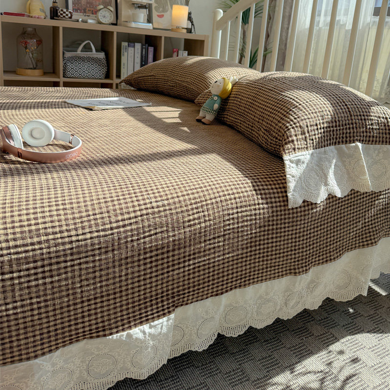 韩国ins简约风床盖全棉花边四层纱布加厚色织提花双人床单三件套,淘宝优惠券,粉丝福利购,淘宝优惠卷