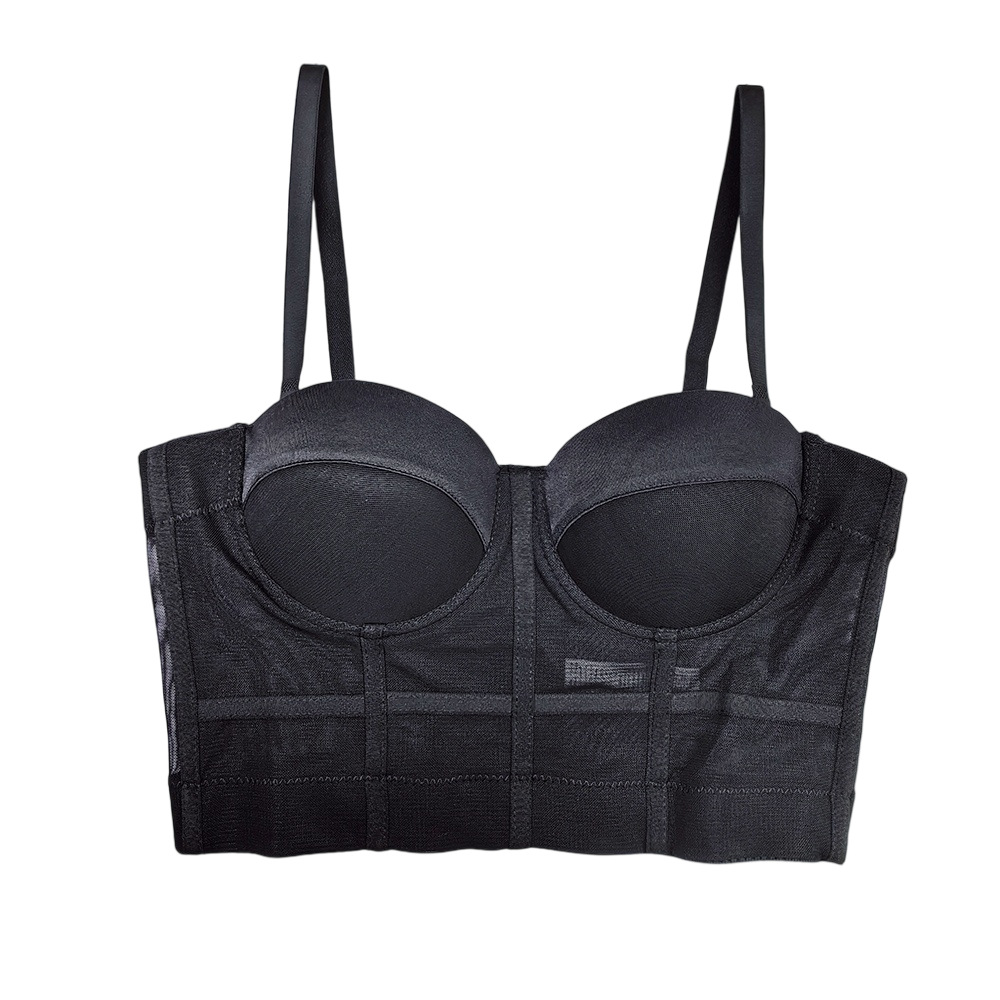 运动文胸弹力网纱美背一体式固定杯鱼骨吊带背心女corset轻运动风 - 图3