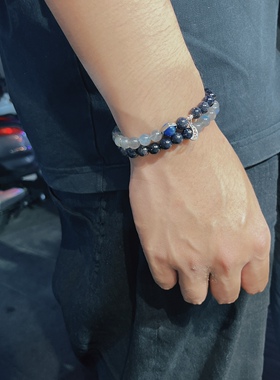 「星月」情侣蓝色星月天然蓝晶石灰月光蓝砂石情侣手链一对男女