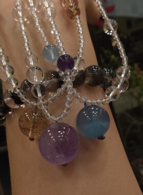 天然白水晶锁骨链项链魔鬼蓝海蓝宝黑金超薰衣草紫水晶长款项链女