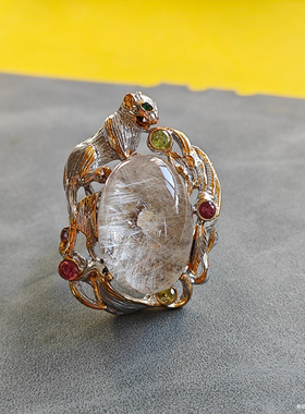 原创设计925银镶嵌原矿晶洞聚宝盆活口戒指指环一物一图现货