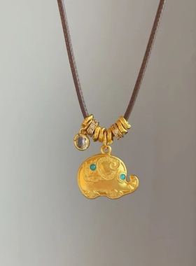 古法沙金拉丝大象吊坠新中式国风轻奢高级毛衣链编织绳日常百搭