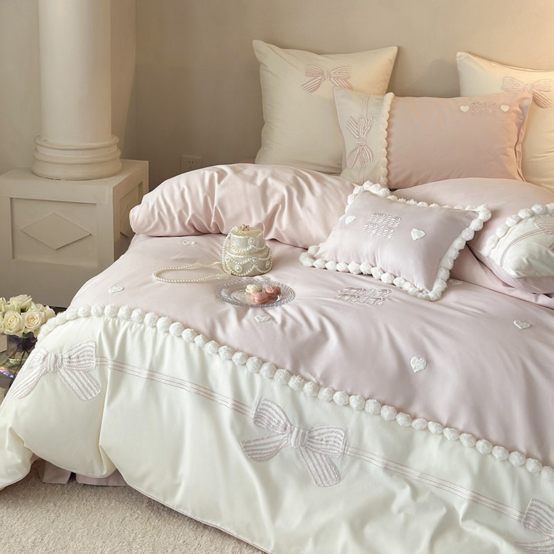 少女心粉色全棉磨毛四件套蝴蝶结加厚纯棉被套公主风轻奢床上用品,淘宝优惠券,粉丝福利购,淘宝优惠卷