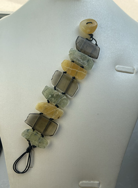 葡萄石茶晶黄灵石红玛瑙随行不规则手链手排黄灵石扣头皮绳02