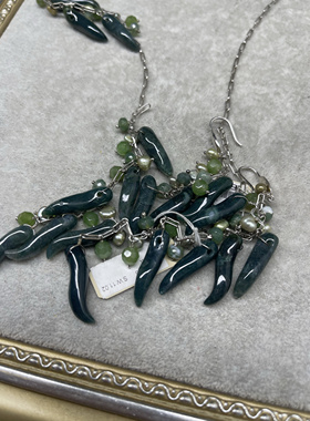 925配件打标天然石绿辣椒缠绕中长款项链耳环