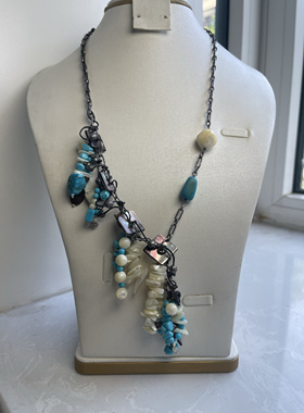 仿松石月光贝壳鲍贝皮绳手编缠绕中长款流苏民族风个性项链03