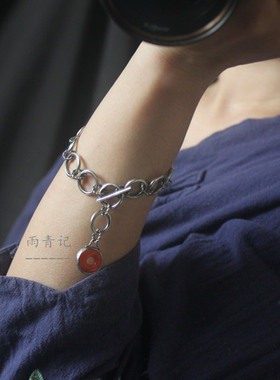 雨青记。手工足银大环女简单南红