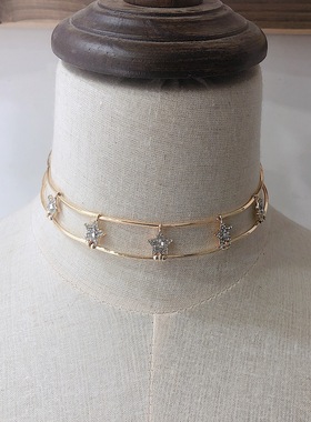 欧美ins金色多层镶钻镂空锁骨链