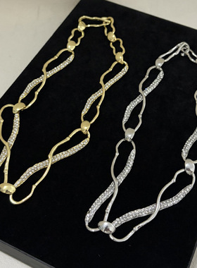 欧美重工金属不规则交叉缠绕闪钻项链轻奢个性复古高级感锁骨链女