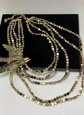 欧美重工复古时髦名媛风燕子多层串珠项链夸张高级感可拆卸锁骨链