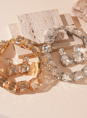 两件套个性夸张镶钻正方形耳钉项链欧美轻奢小众气质高级感项链女