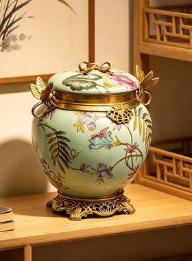 美式复古陶瓷储物罐青花瓷蜻蜓装饰带盖收纳罐花鸟图案家用陶瓷罐