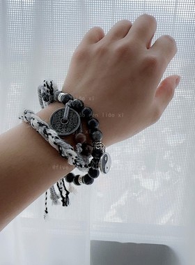 国潮新中式编织手绳双生太极山鬼花钱手链男女小众设计情侣手串