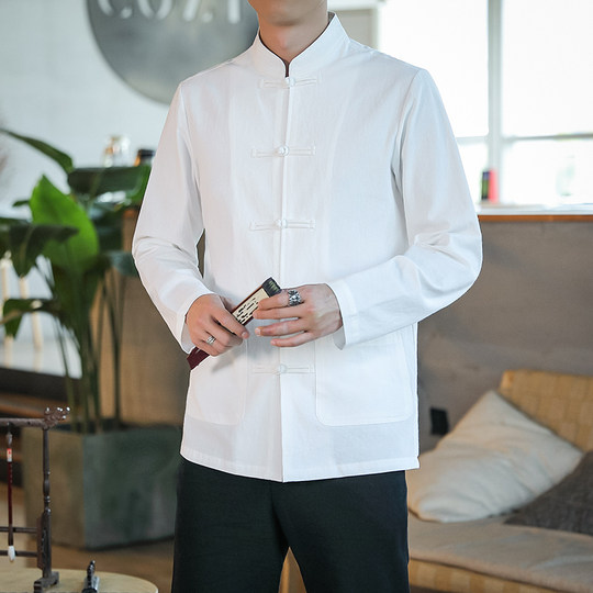 春季薄款盘扣唐装男士加绒中式盘扣衬衫汉服立领中山装茶服打底衫