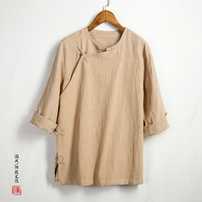 中国风男式盘扣唐装中式茶服秋季粗布麻衣汉服居士服七分袖衬衫_虎窝淘