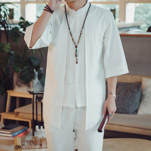 夏季禅服中式纯棉手工盘扣唐装外套改良汉服对襟道袍居士服茶服男 - 图1