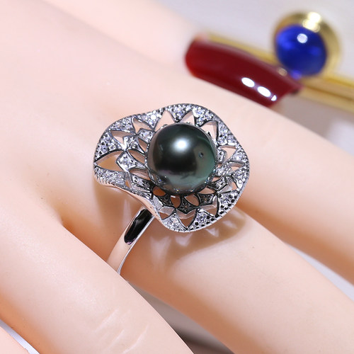 DIY配件 S925纯银珍珠戒指空托 简约镂空款指环半成品配9-10mm - 图3