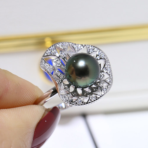 DIY配件 S925纯银珍珠戒指空托 简约镂空款指环半成品配9-10mm - 图0