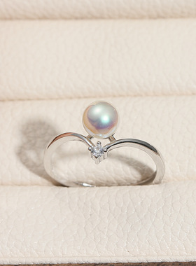 DIY配件 S925纯银v形珍珠戒指空托简约单钻指环戒托开口配饰6-8mm