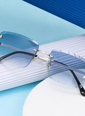 欧美无框切边倒边太阳镜男时尚防紫外线遮阳防晒配近视墨镜女复古