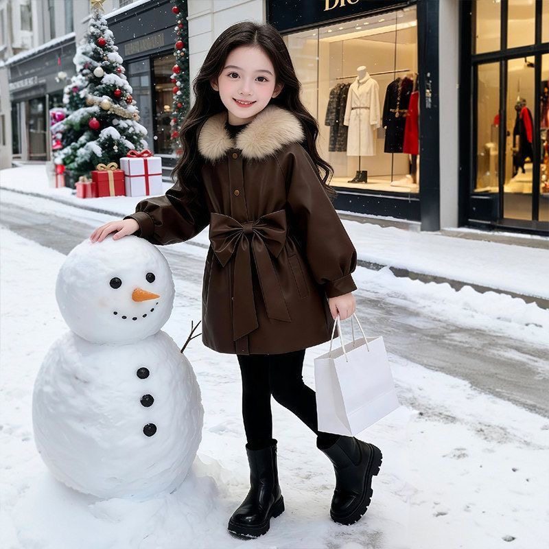 女童大毛领仿皮草外套冬季新款蝴蝶结收腰中长款加厚洋气保暖上衣,淘宝优惠券,粉丝福利购,淘宝优惠卷