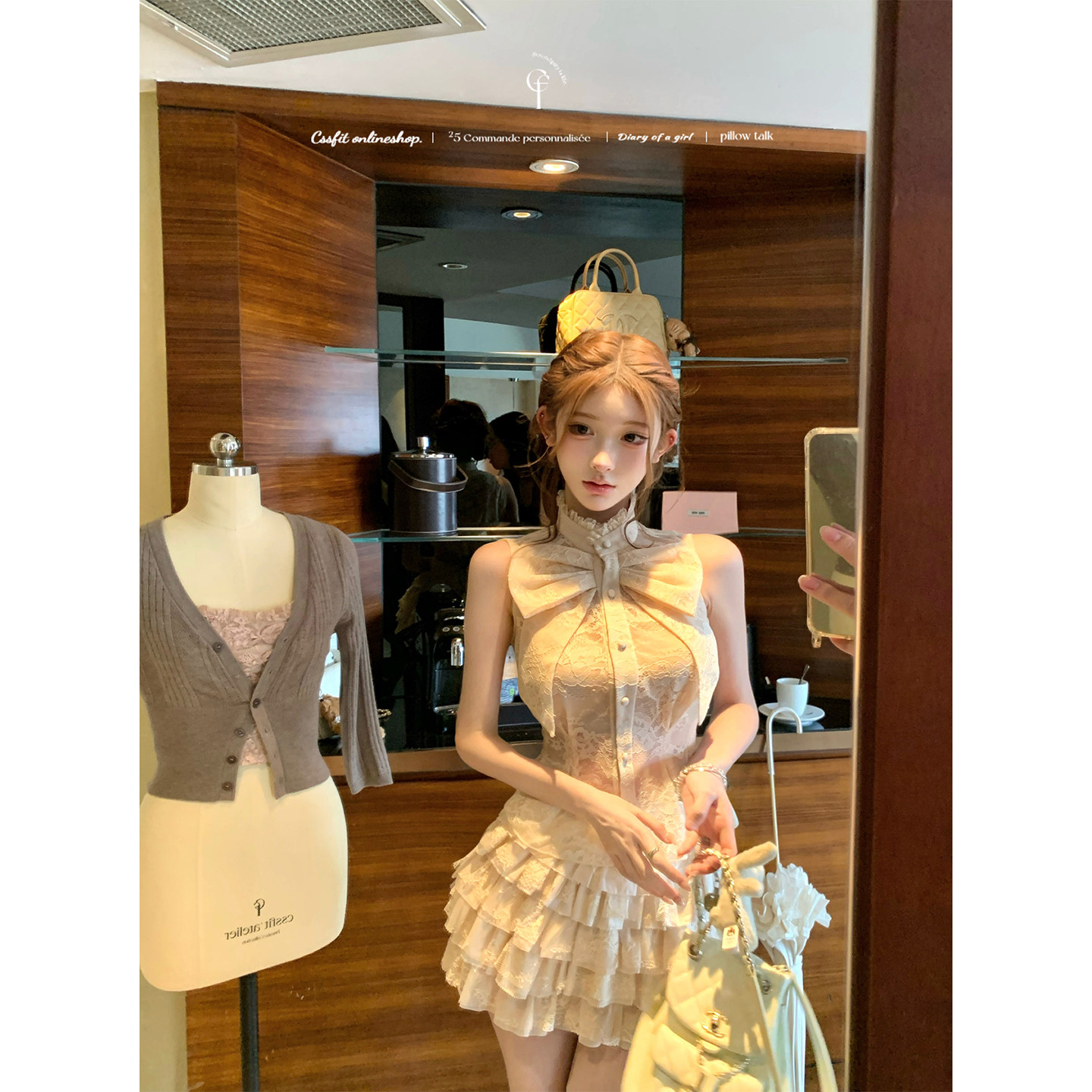 迟伞伞25/fw 琉克斯回信 定制蝴蝶结无袖衬衫千层蕾丝短裙套装,淘宝优惠券,粉丝福利购,淘宝优惠卷