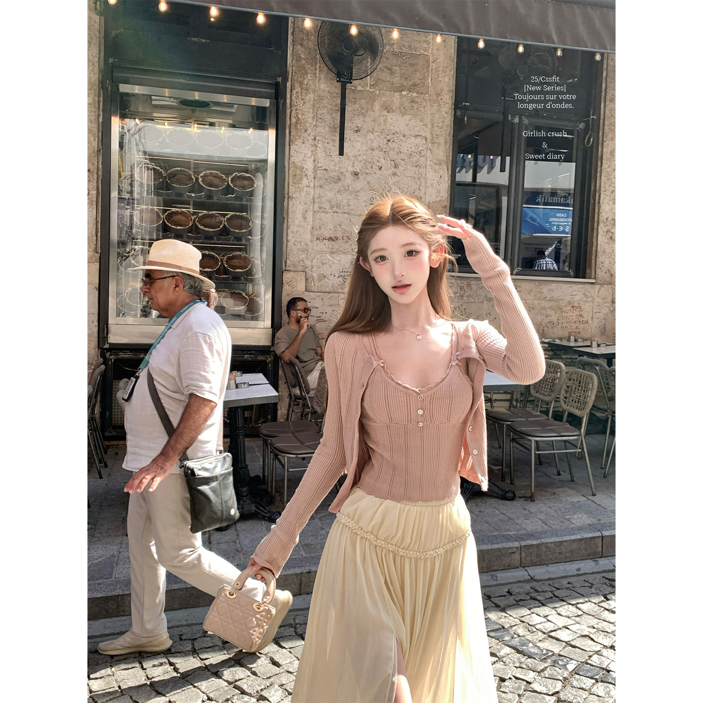 迟伞伞26/ss 碎钻伯爵茶 茶粉针织开衫蝴蝶v领吊带温柔时髦套装,淘宝优惠券,粉丝福利购,淘宝优惠卷