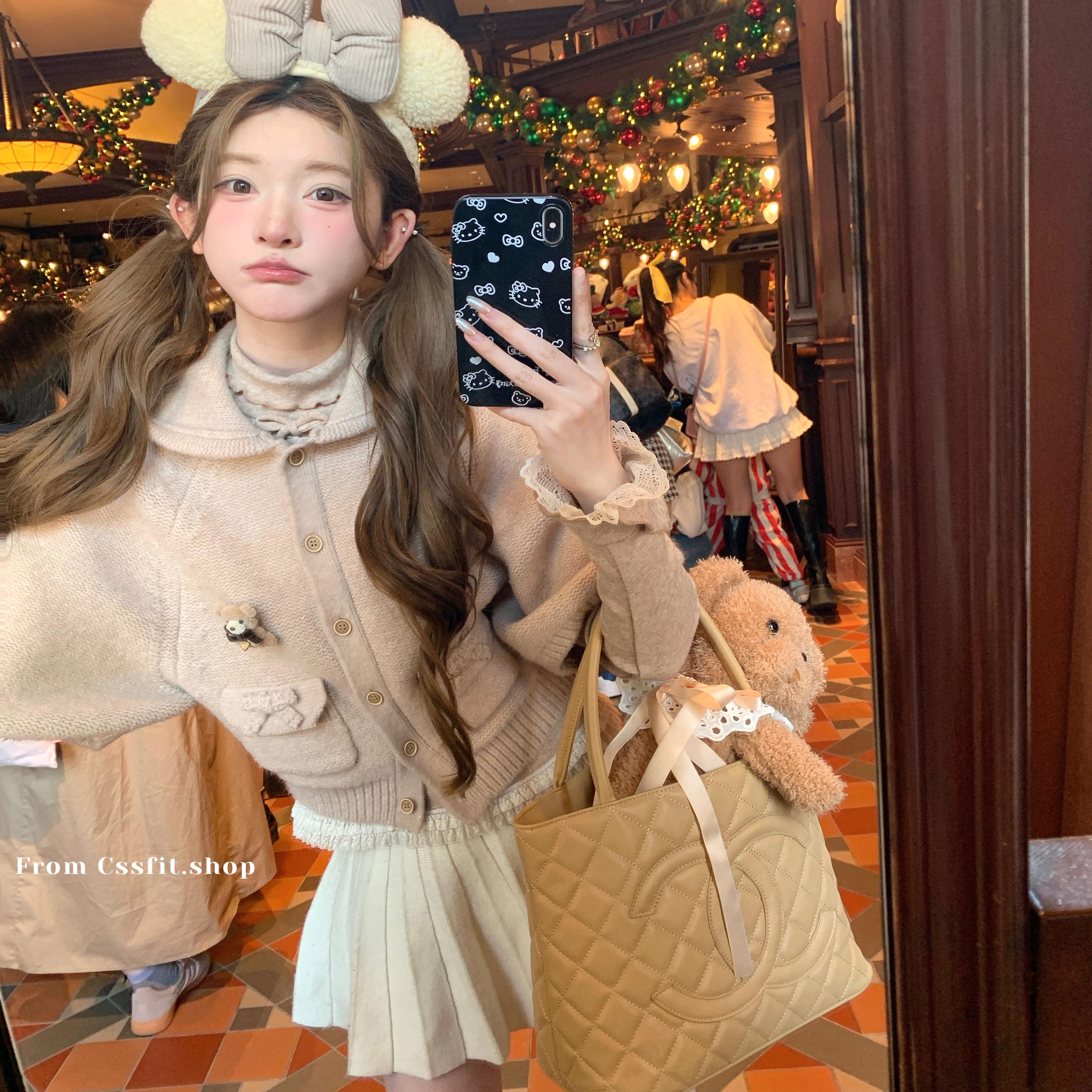 迟伞伞25/ss 布雷巧啡 藕荷色蝴蝶结斗篷开衫燕麦奶长袖打底套装 - 图0