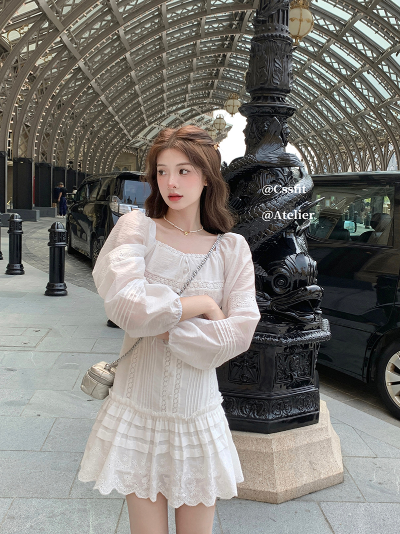 迟伞伞 25/ss 花束般恋爱 刺绣初恋2way小白裙蕾丝拼接系带连衣裙 - 图0