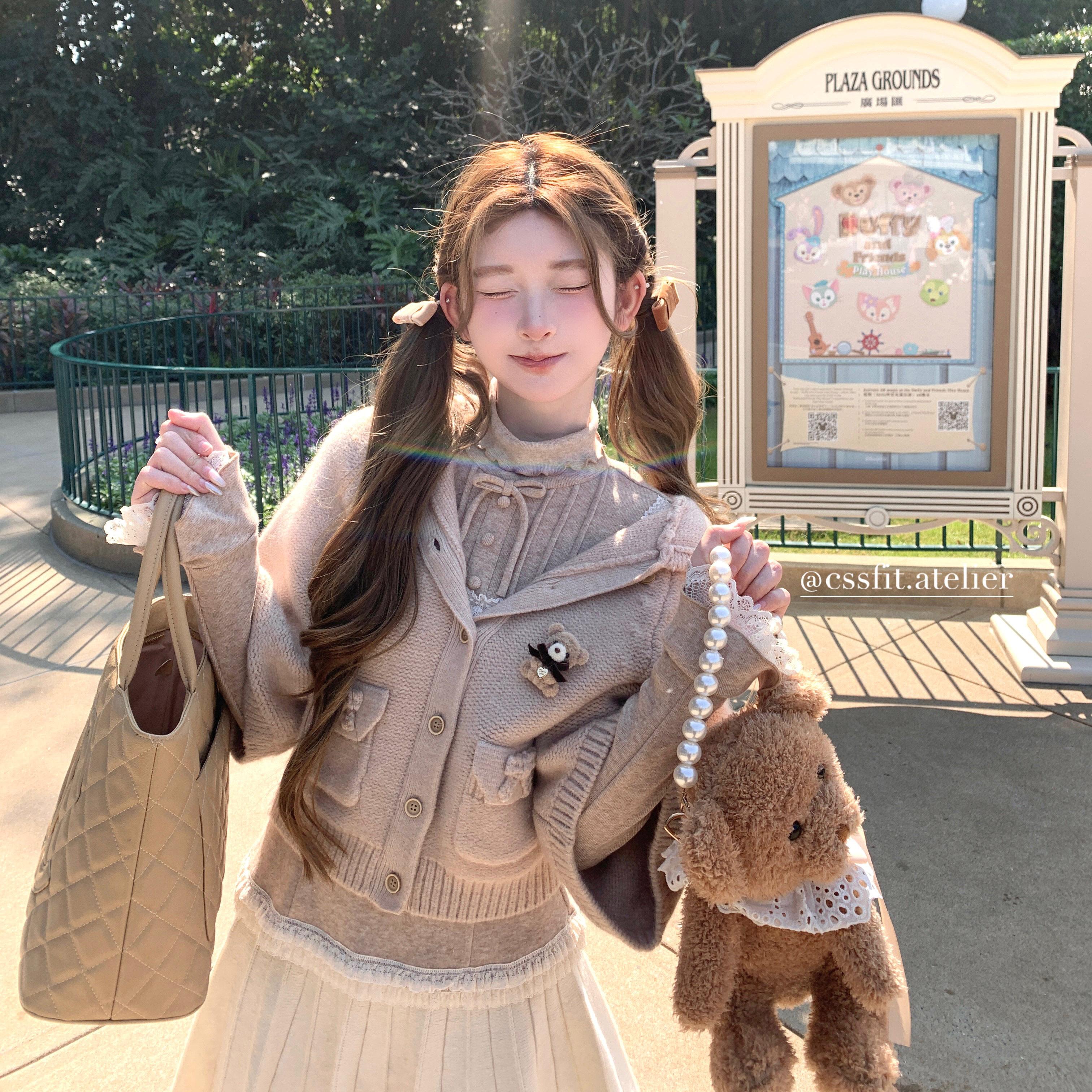 迟伞伞25/ss 布雷巧啡 藕荷色蝴蝶结斗篷开衫燕麦奶长袖打底套装 - 图2