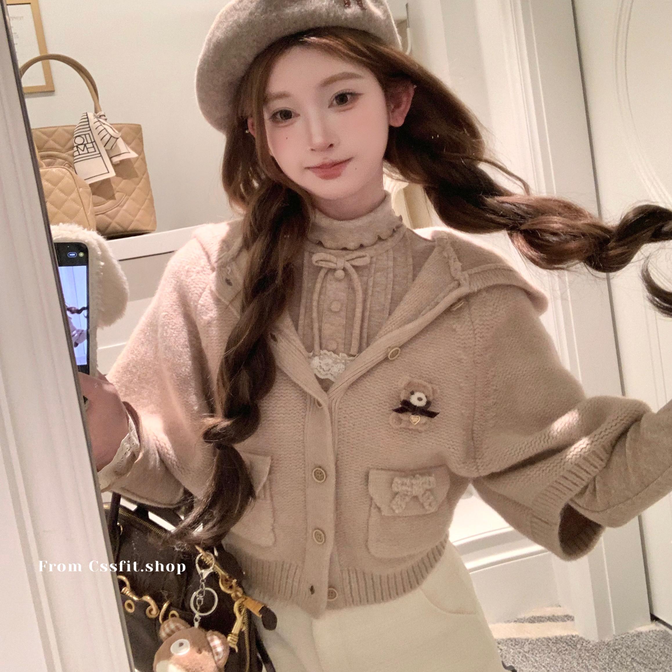 迟伞伞25/ss 布雷巧啡 藕荷色蝴蝶结斗篷开衫燕麦奶长袖打底套装 - 图3