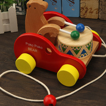 Childrens puzzle force wooded towing school bus 2-3-6-year-old baby pull wire small trailer toy Little Bear Knocks the drum car