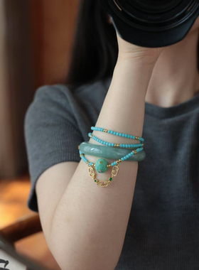 原创，天然绿松石镶钻桶珠项链