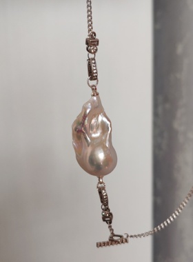 天然淡炫彩水巴洛克珍珠925纯银古巴链