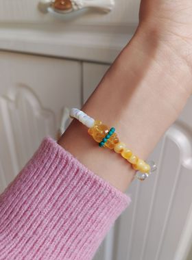 原创蜜蜡小熊手链单圈女时尚水晶文玩手串礼物百搭简约可爱清新