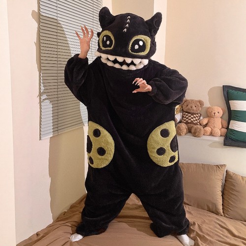 无牙仔连体睡衣女秋冬季珊瑚绒搞怪可爱卡通男女大码可外穿家居服 - 图1