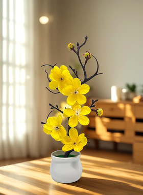 小酒缸仿真花腊梅盆景仿真家居桌面绢布腊梅盆栽中式假花装饰摆件
