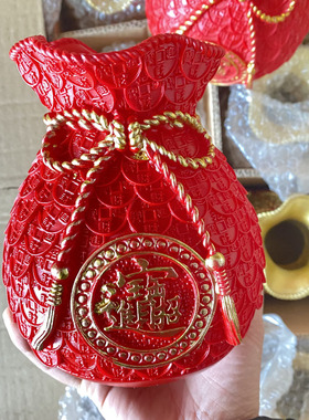 红色树脂大钱袋福袋花瓶乔迁开业福袋摆件家居装饰工艺品插花瓶