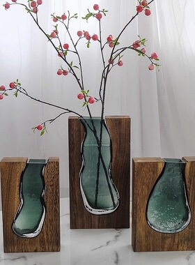 北欧原木实木透明绿色玻璃花瓶设计师款装饰家居酒店板房网红摆件