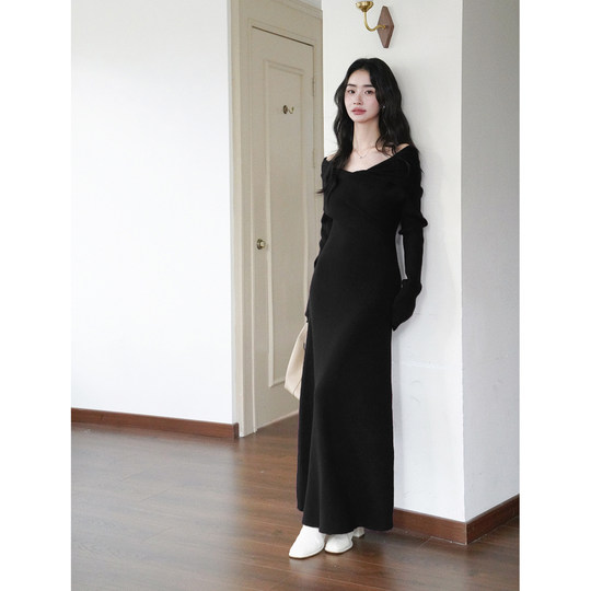 High-end purple French one-shoulder long skirt