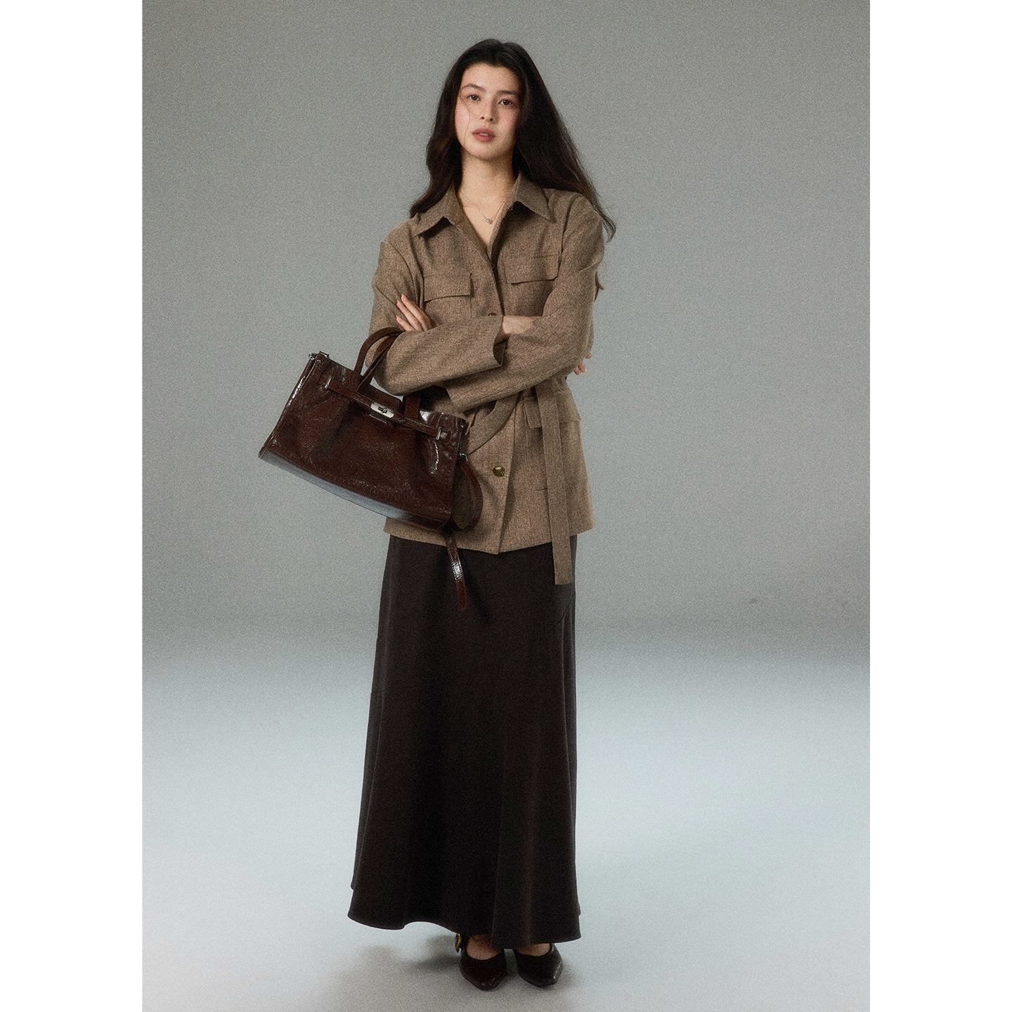 贰羊设计【雁回】质感经典老钱复古咖收腰外套女通勤气质衬衫上衣 - 图0