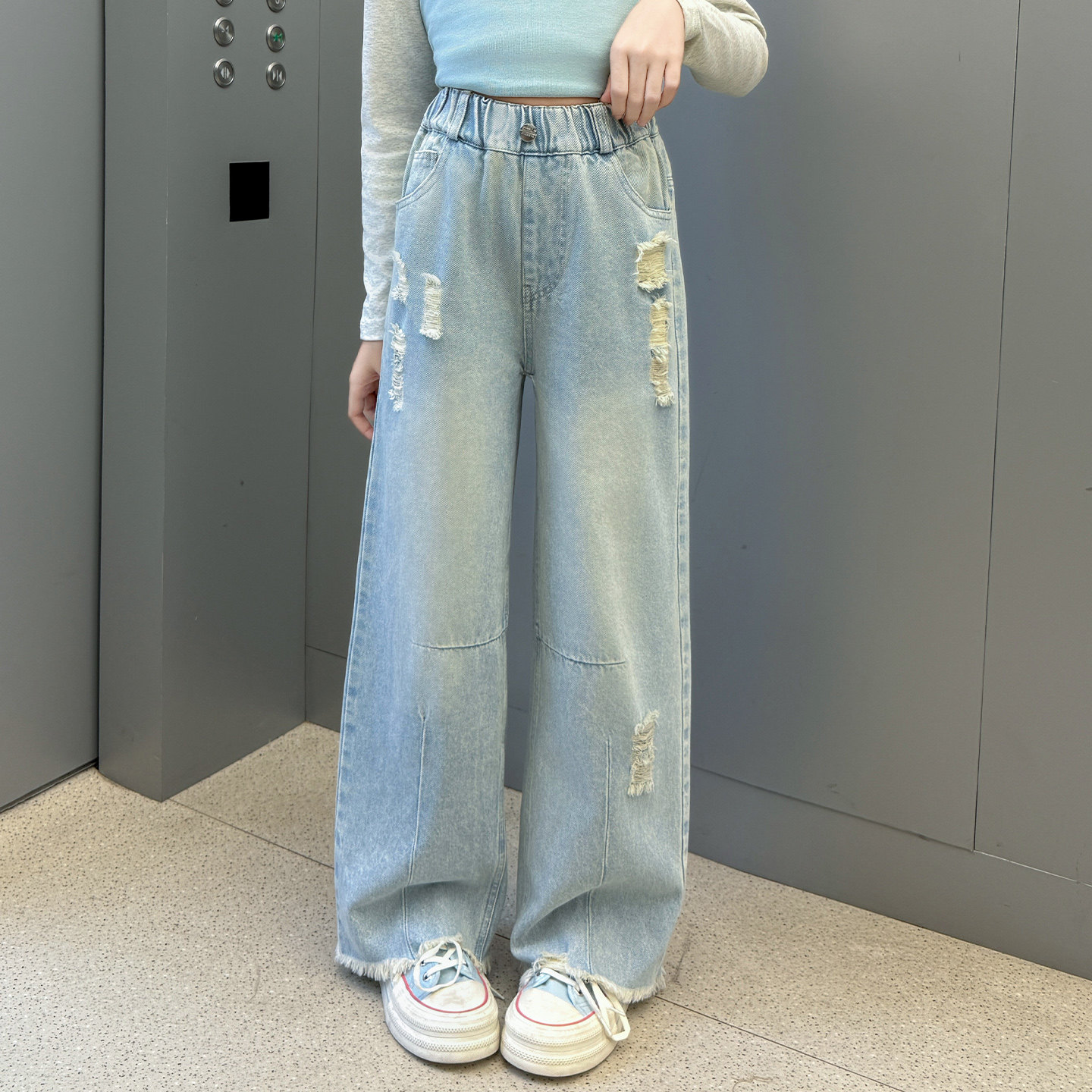 女童春装破洞牛仔裤外穿2026新款韩版大童直筒阔腿裤中学生长裤子,淘宝优惠券,粉丝福利购,淘宝优惠卷