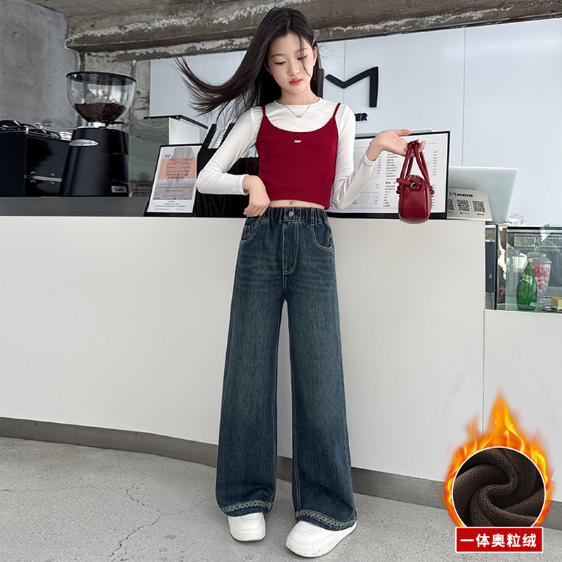 一体绒女童牛仔裤秋冬装女大童窄版显瘦阔腿裤初中生洋气炸街裤子 - 图1