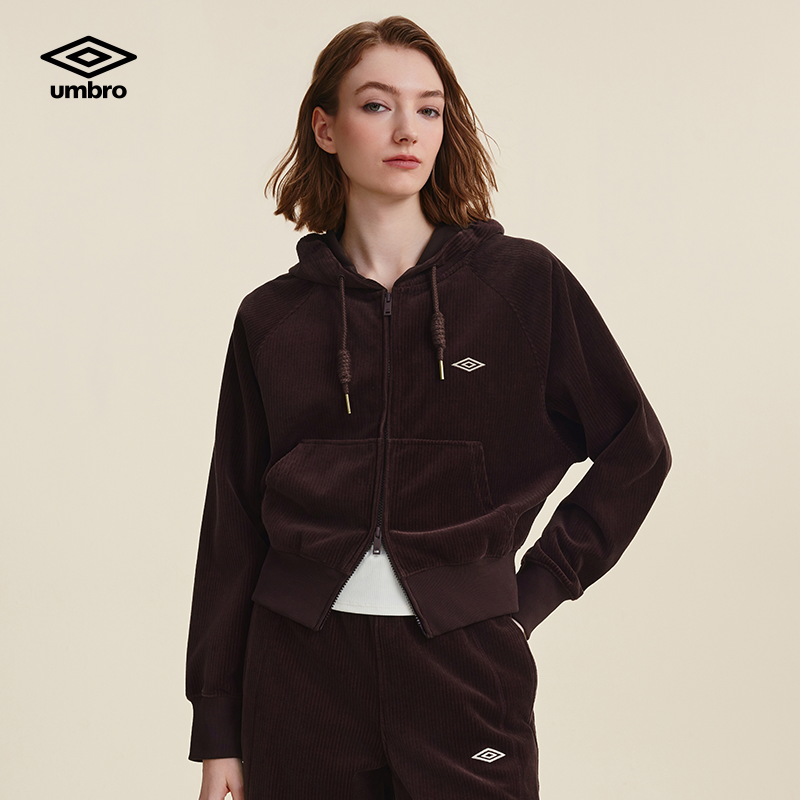 umbro茵宝运动针织外套秋冬新款美拉德灯芯绒连帽夹克卫衣套装女 - 图0