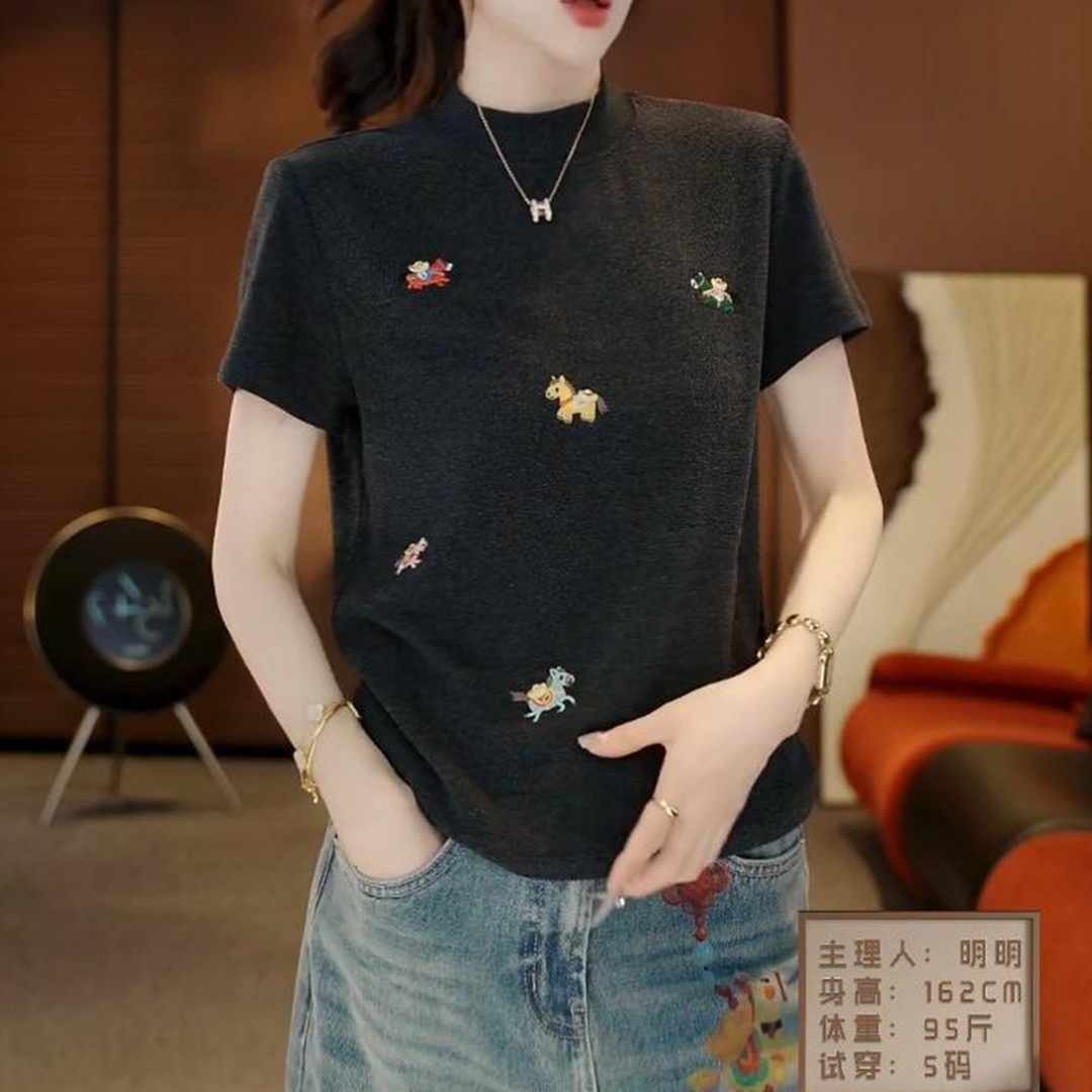 时尚重工刺绣磨毛短袖t恤女2026春季新款百搭宽松显瘦大码上衣,淘宝优惠券,粉丝福利购,淘宝优惠卷