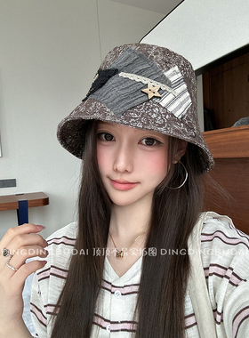 【复古拼布渔夫帽】日系小众牛仔渔夫帽女补丁贴布水桶帽素颜盆帽
