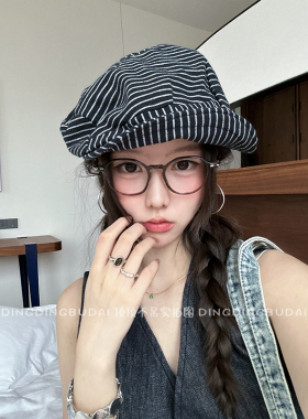 【复古条纹贝雷帽】女秋文艺显脸小褶皱八角帽报童帽大头围前进帽